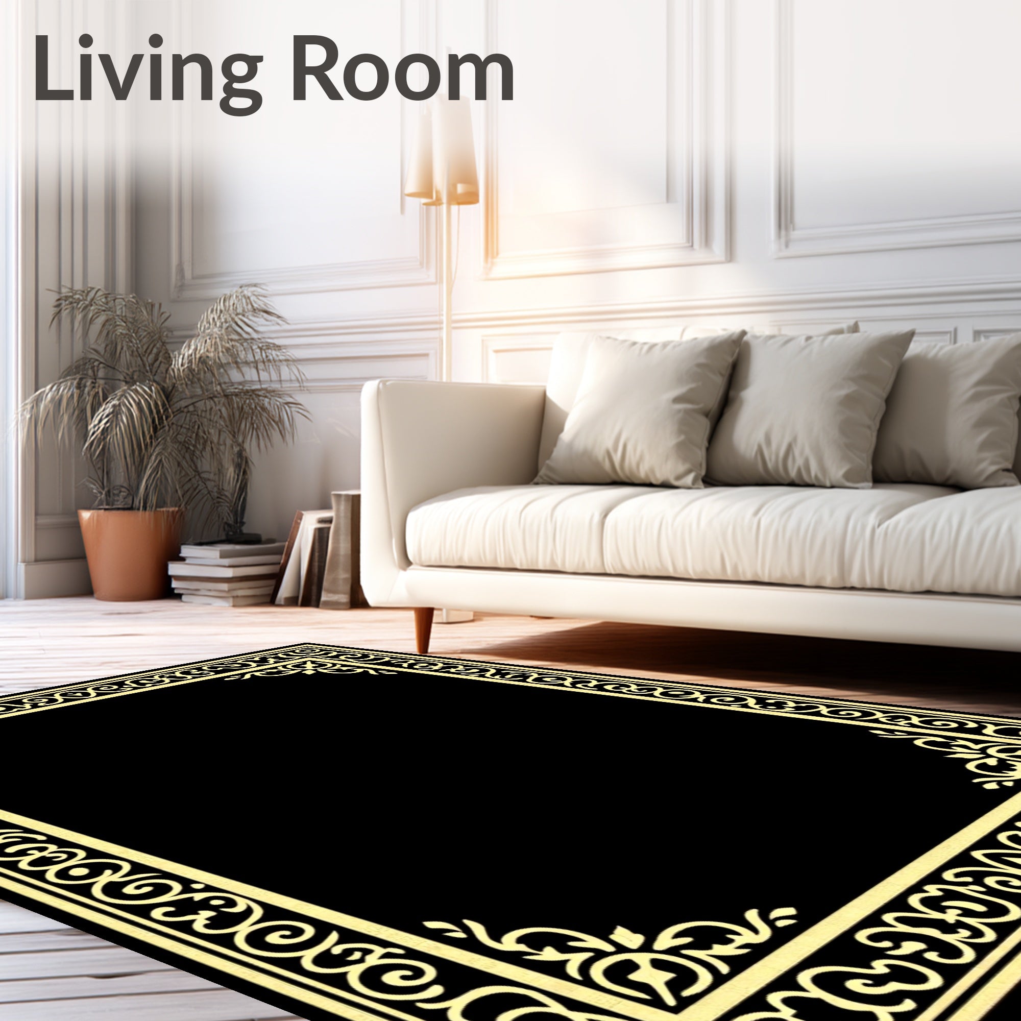 Ornate Golden Swirl Border Design Rug