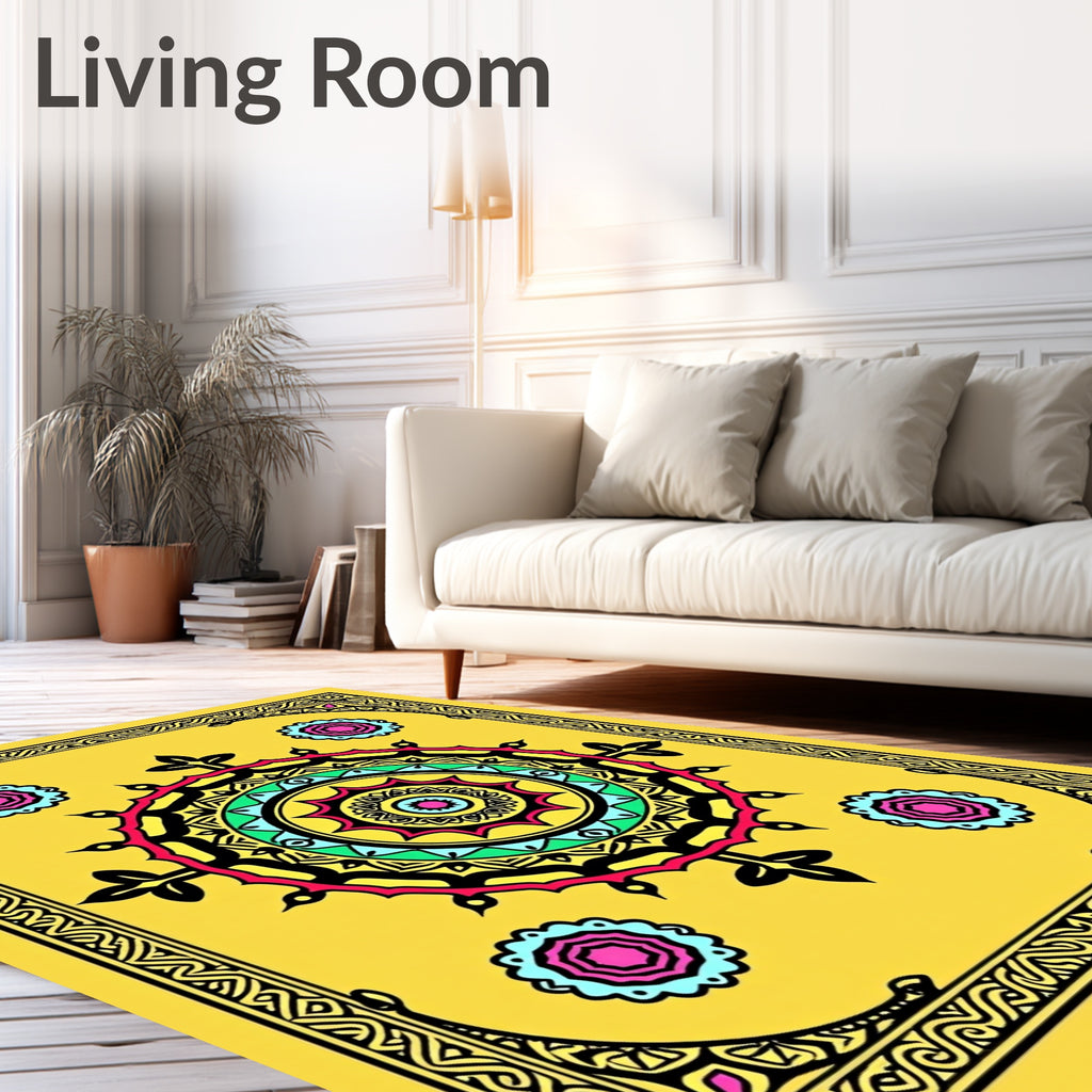 Vivid Yellow Circular Mandala Pattern Rug