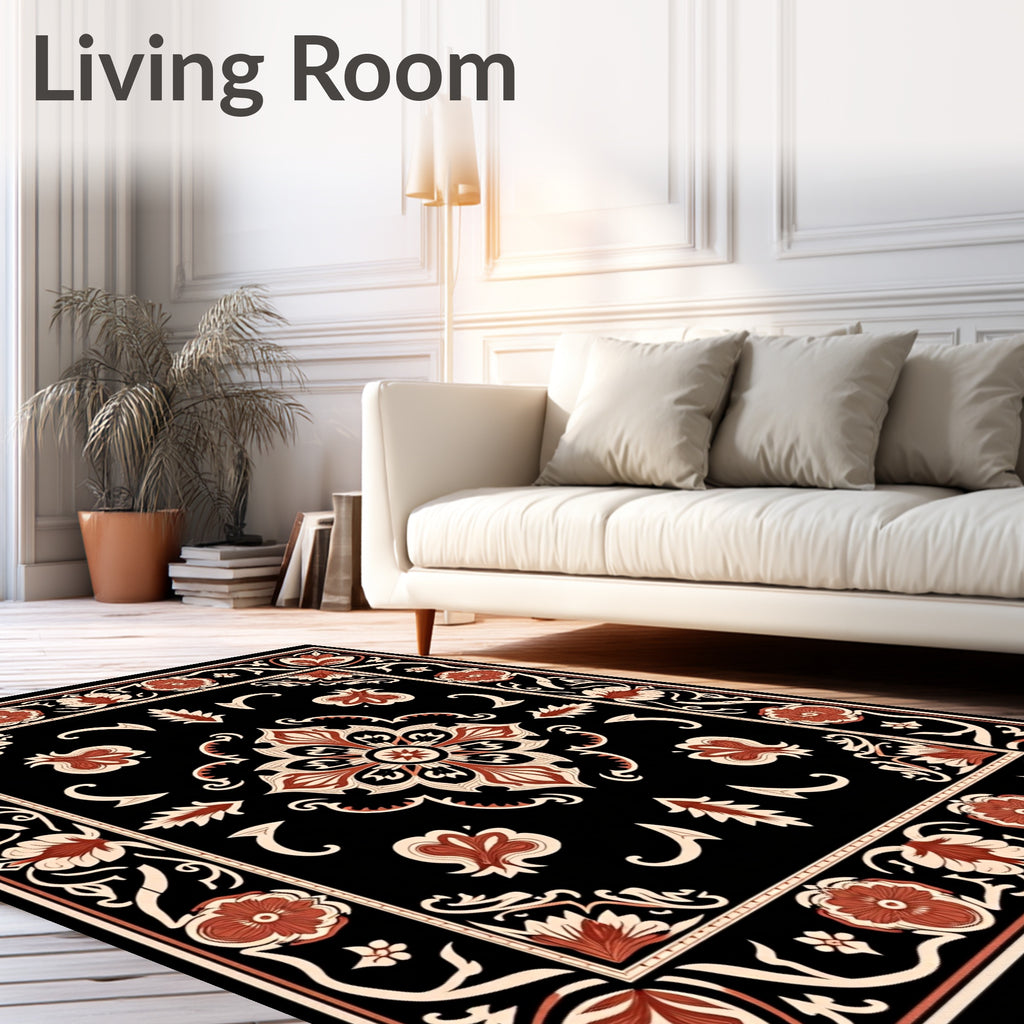 Intricate Floral Medallion Black Rug