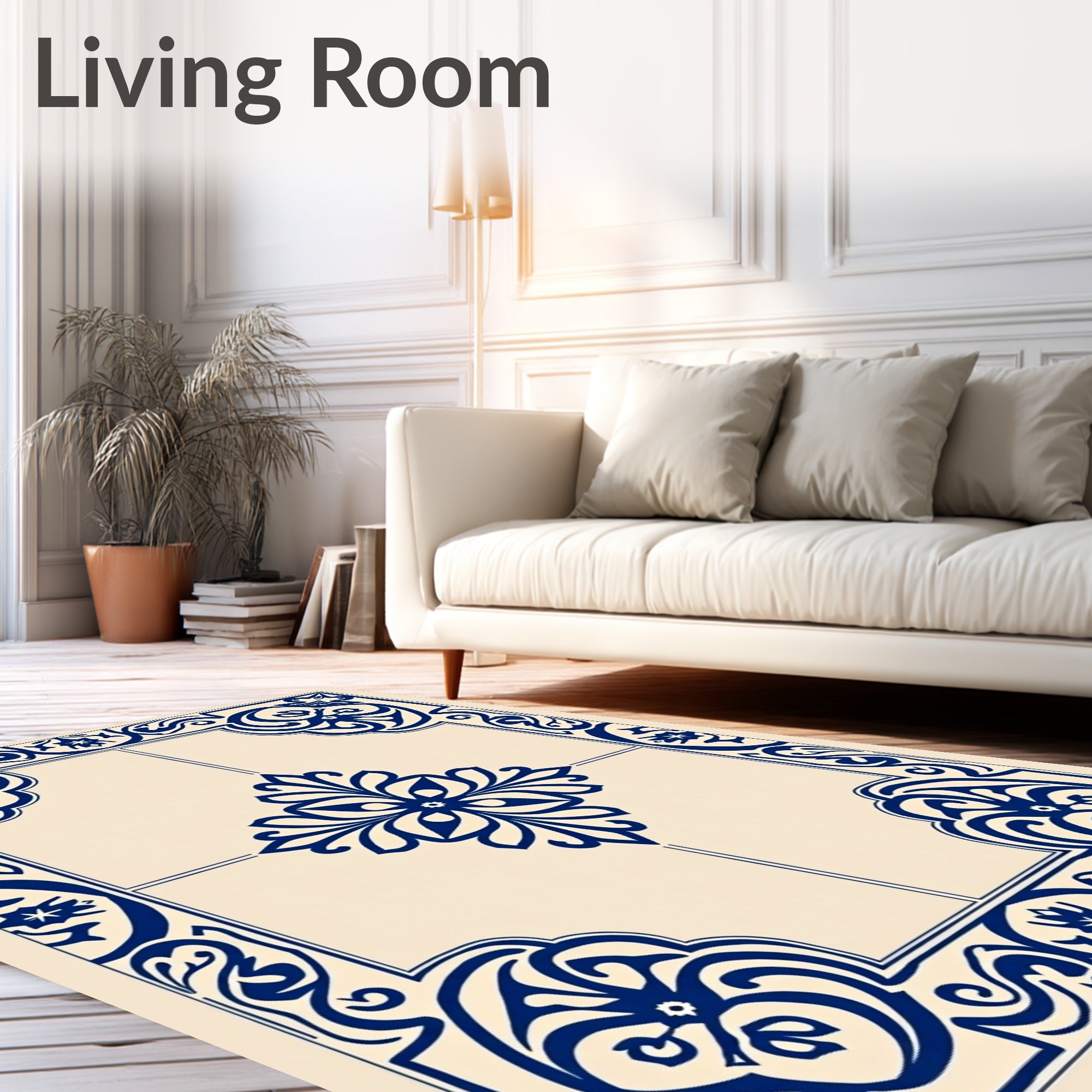 Elegant Blue Cream Floral Motif Rug