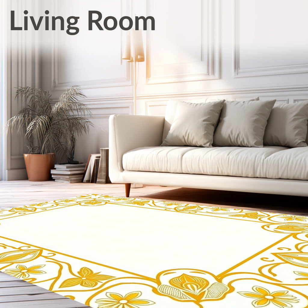 Golden Floral Swirls Decorative Frame Rug