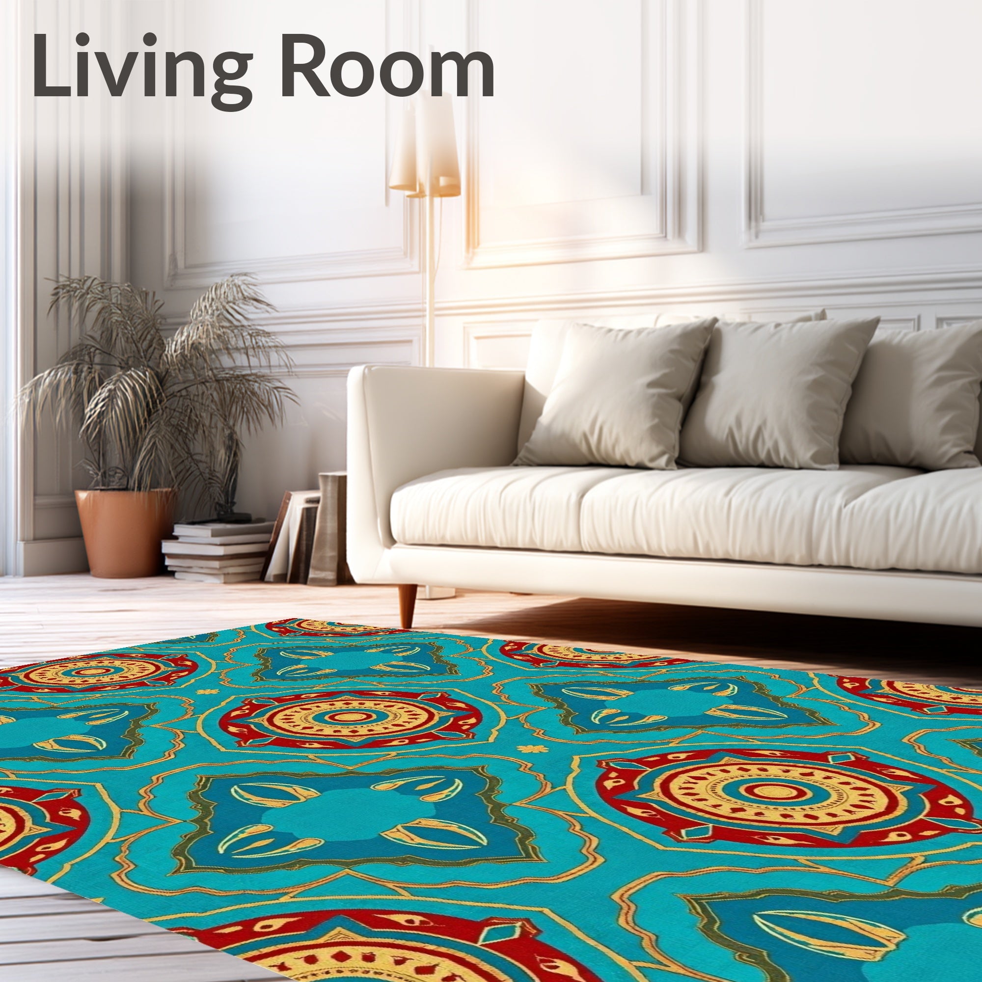 Vibrant Red Gold Mandala Pattern Rug