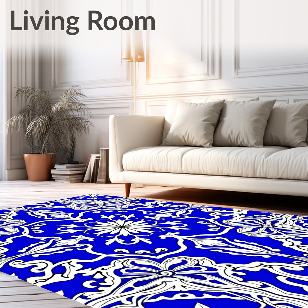 Elegant Azure Floral Scroll Pattern Rug