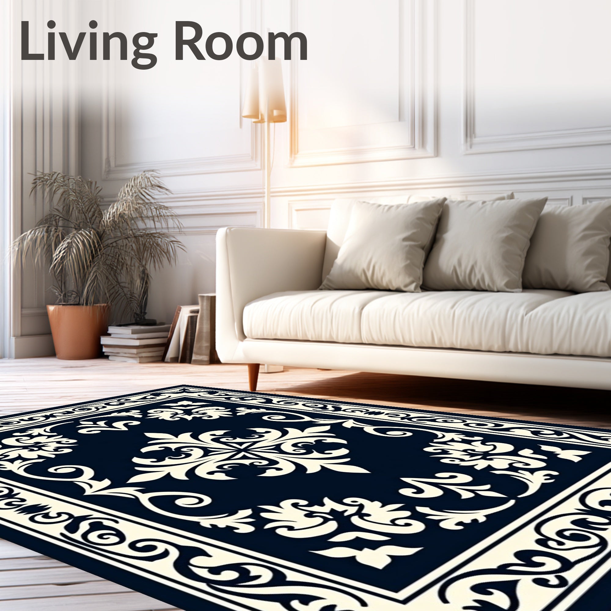 Ornate Floral Cream Navy Rug