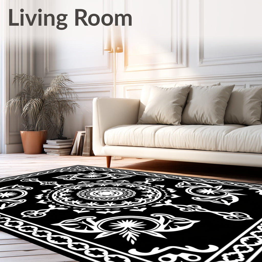 Classic Black White Ornamental Pattern Rug