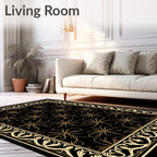 Elegant Black Gold Floral Border Rug