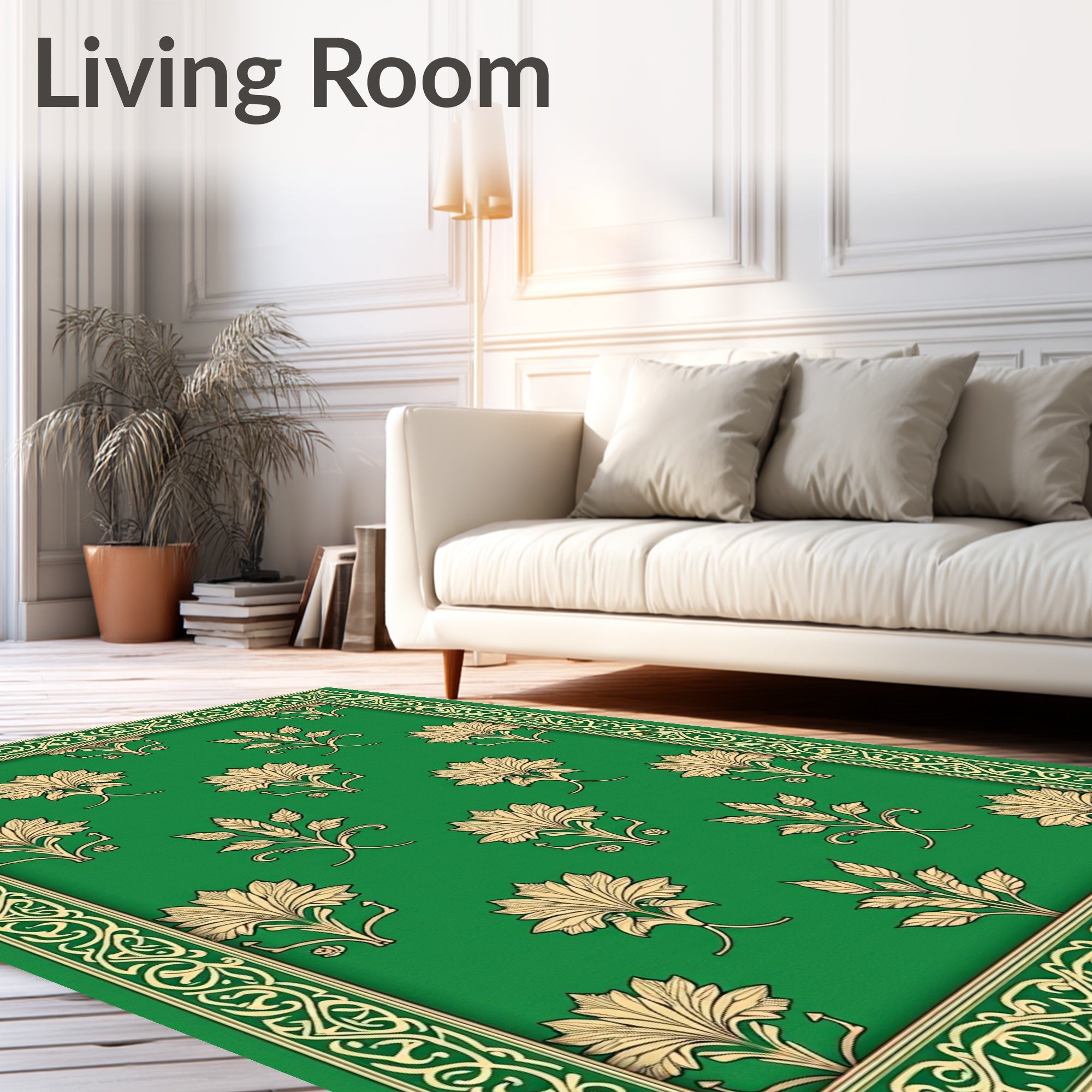 Golden Floral Patterned Emerald Rug