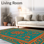 Ornate Teal Orange Floral Pattern Rug