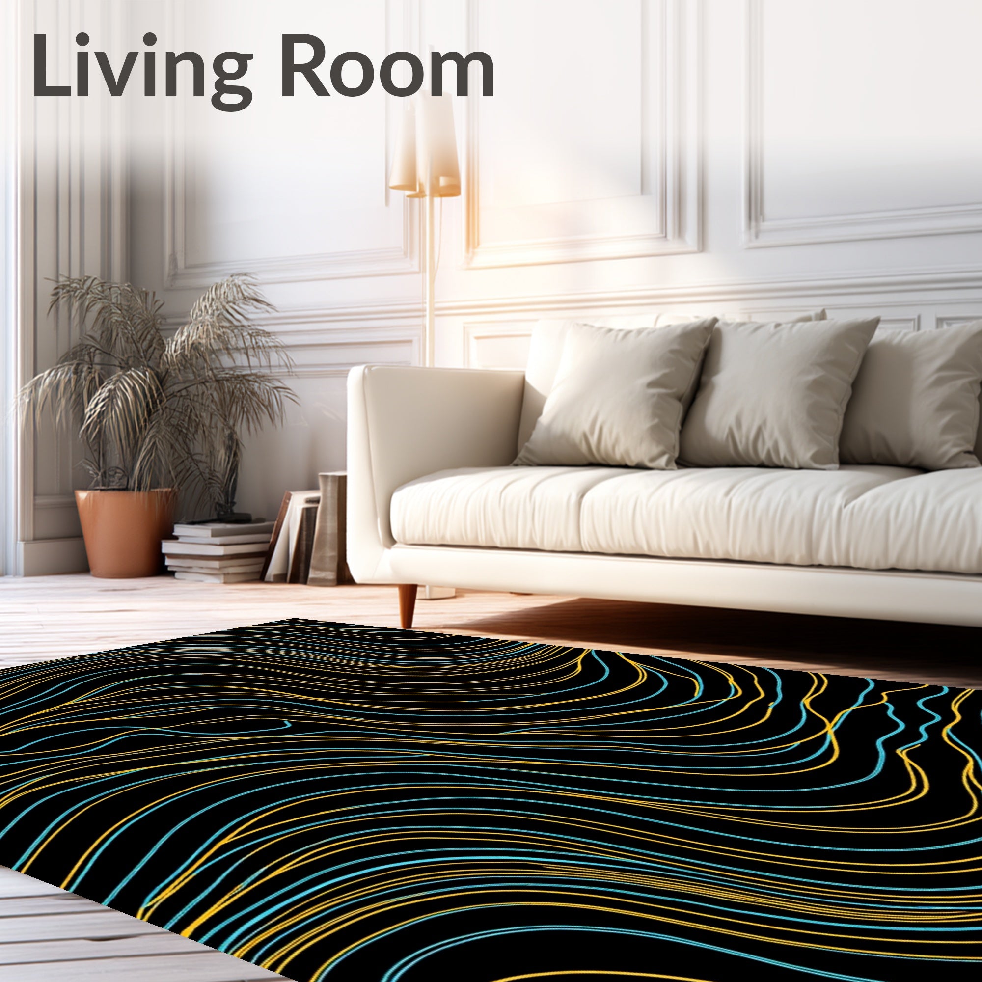 Abstract Yellow Blue Wavy Lines Rug