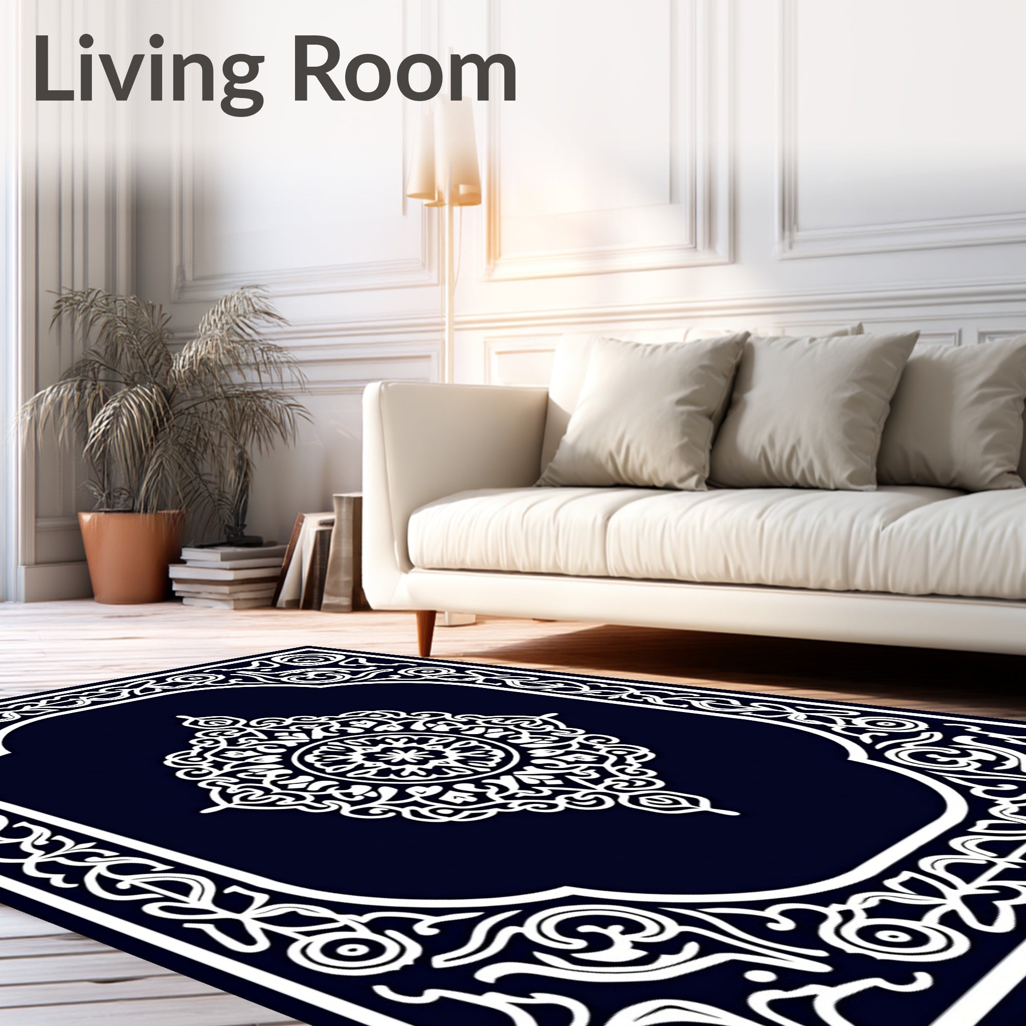 Intricate White Floral Border Design Rug