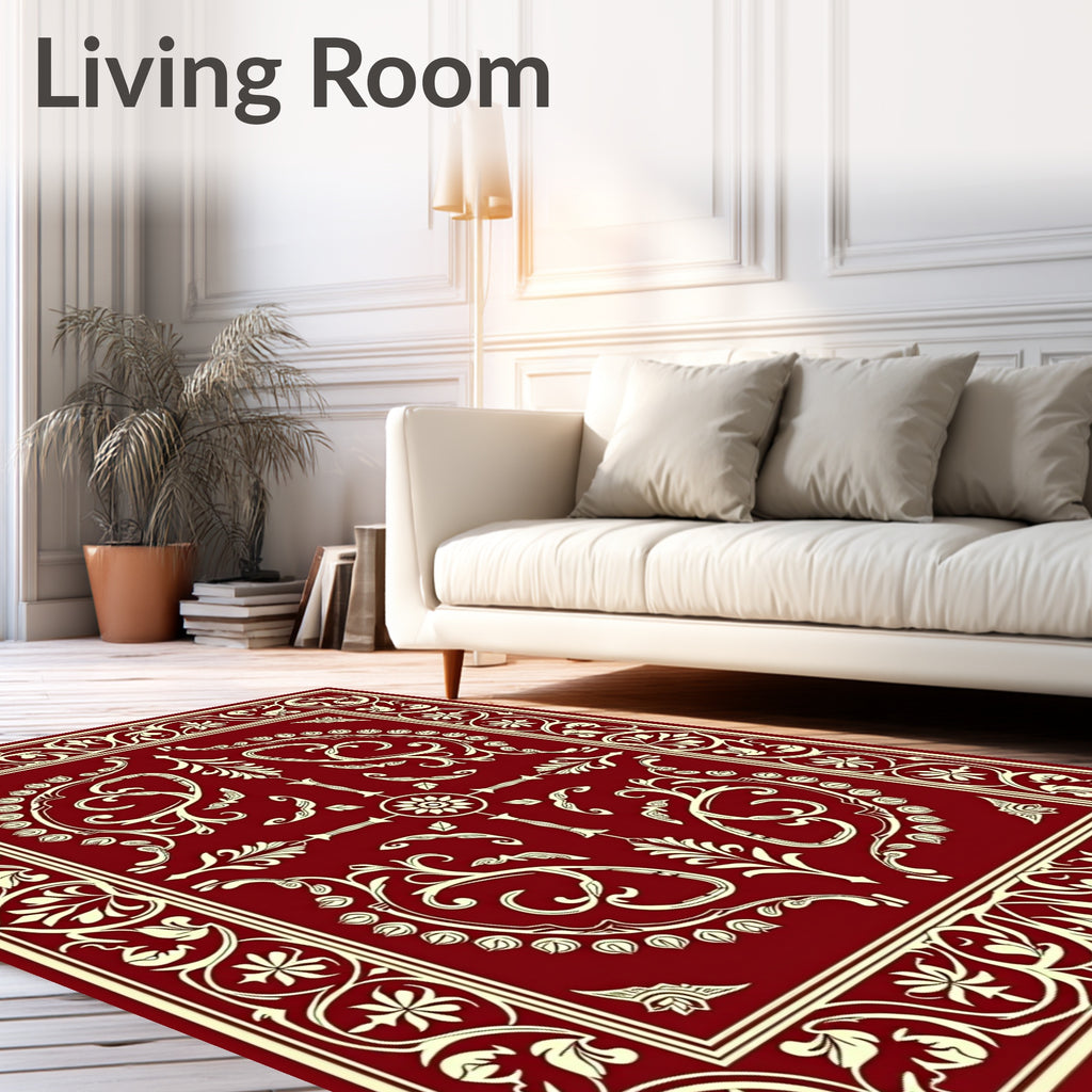 Crimson Ornamental Floral Swirl Rug