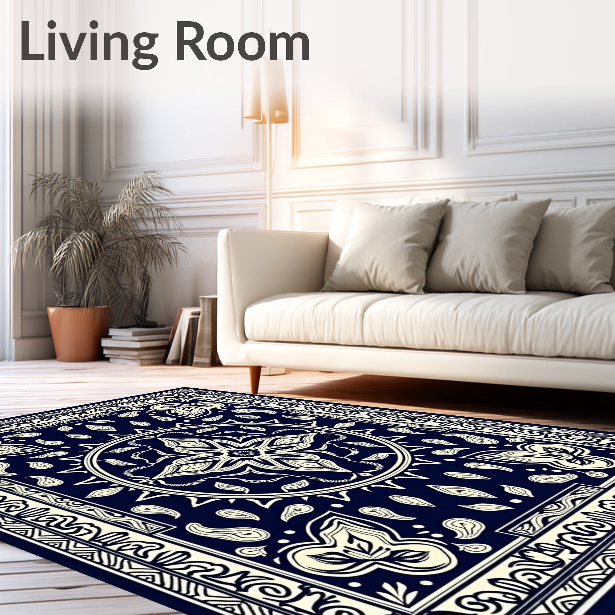 Navy and Cream Mandala Floral Pattern Rug