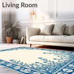 Detailed Floral Botanical Blue White Frame Rug