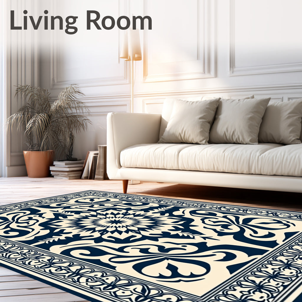 Classic Blue Floral Mandala Pattern Design Rug
