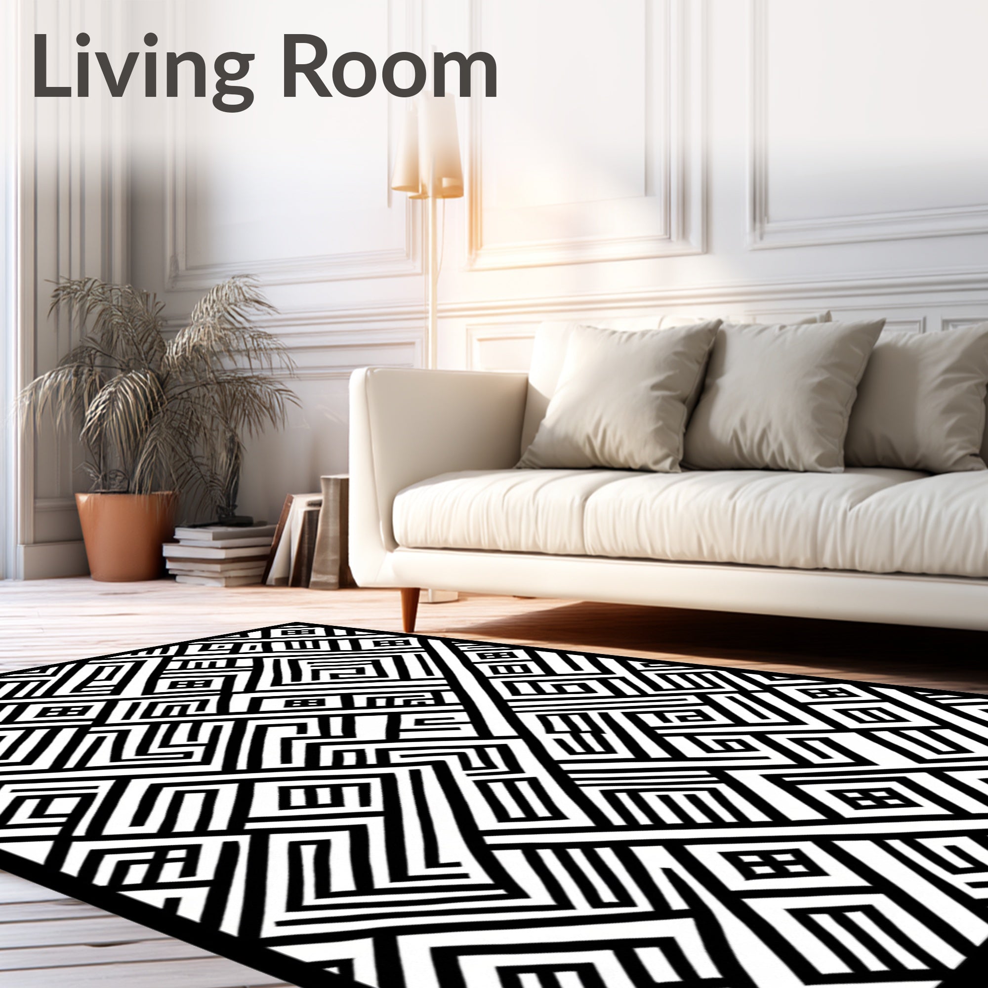 Bold Black White Geometric Labyrinth Rug