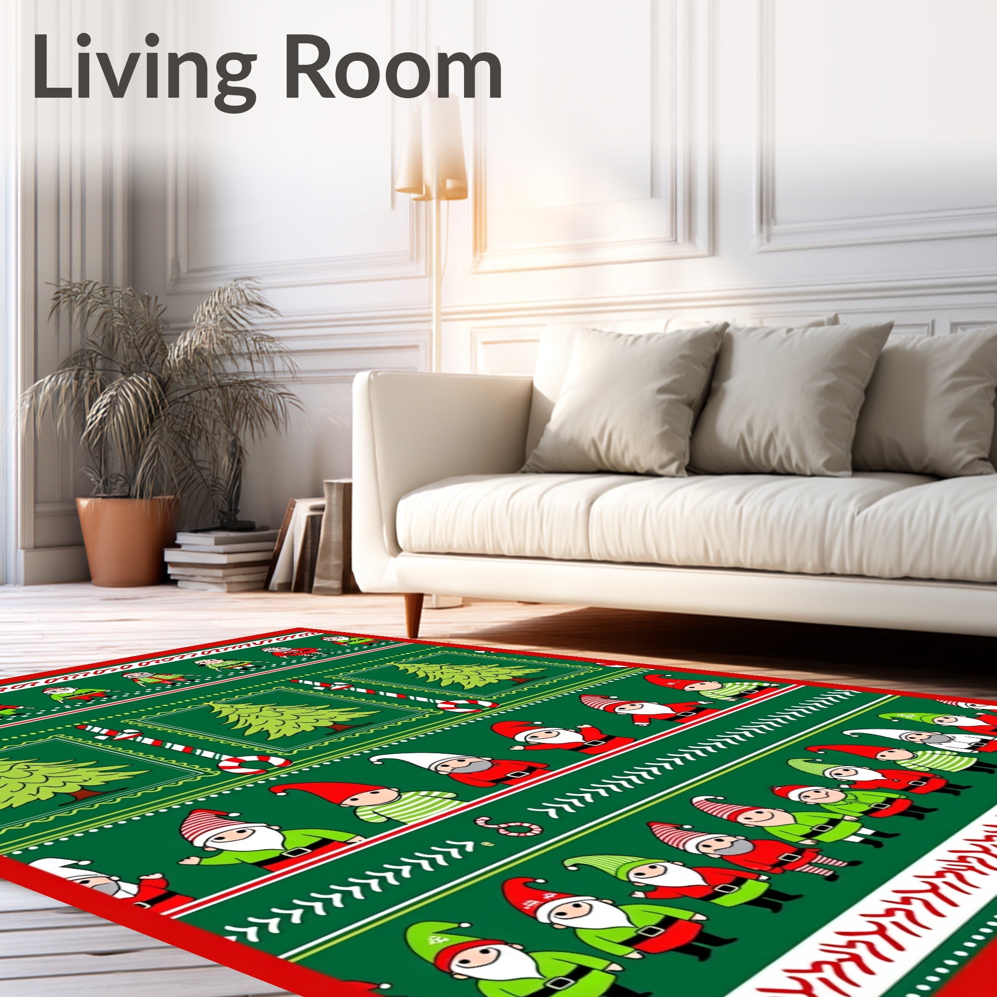 Festive Green Holiday Gnome Trees Rug