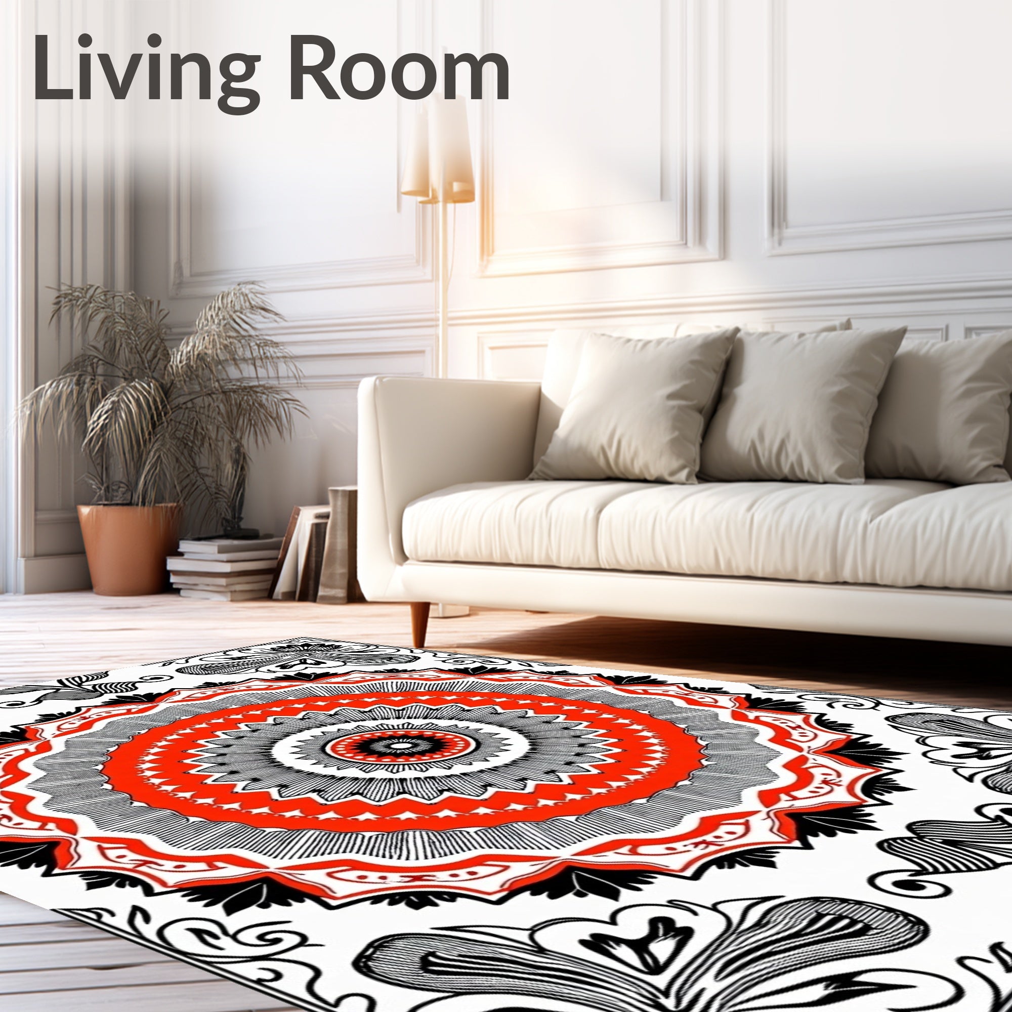 Bold Red Black Radial Floral Design Rug