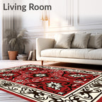 Red Ivory Black Floral Medallion Design Rug