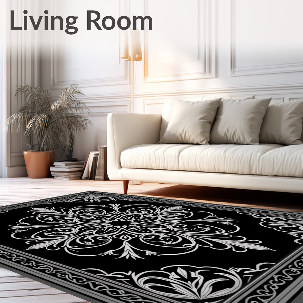 Elegant Black White Floral Scroll Rug