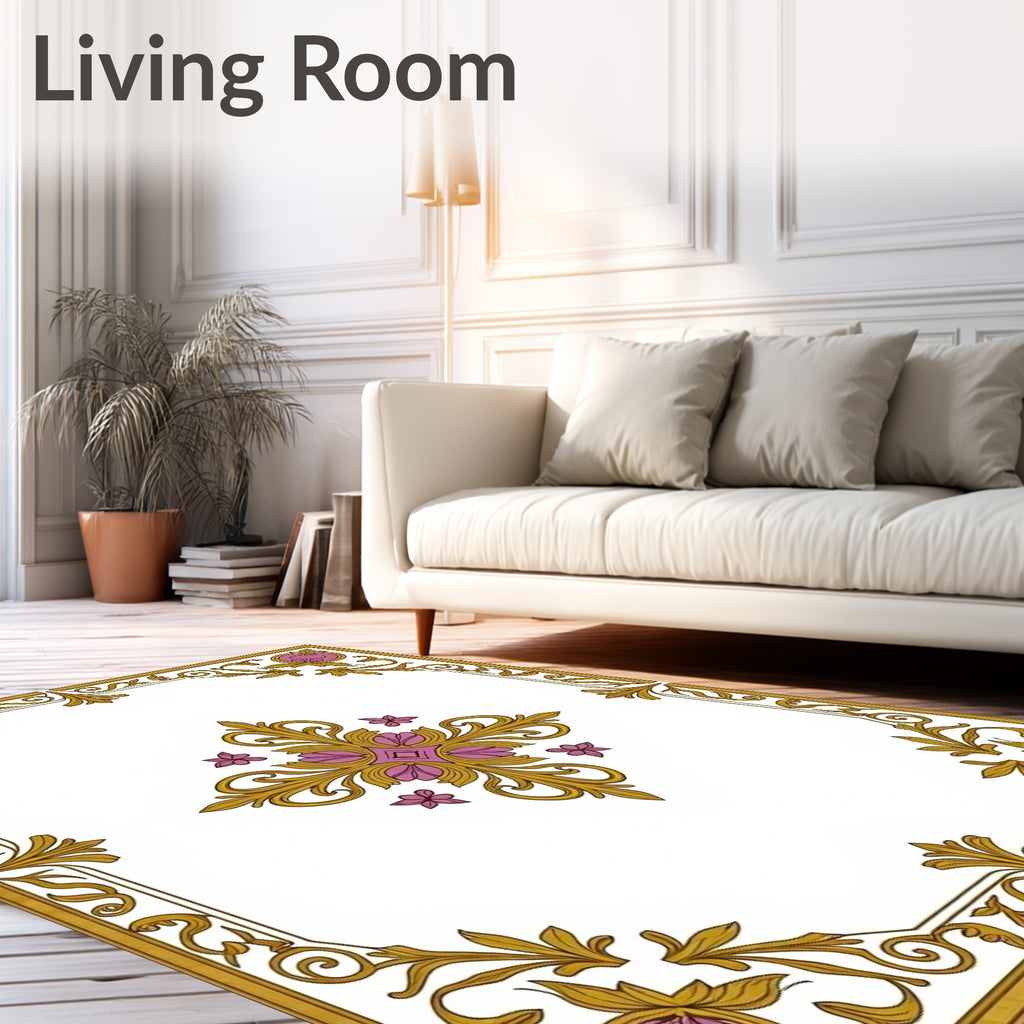 Ornate Floral Golden Scroll Pattern Rug