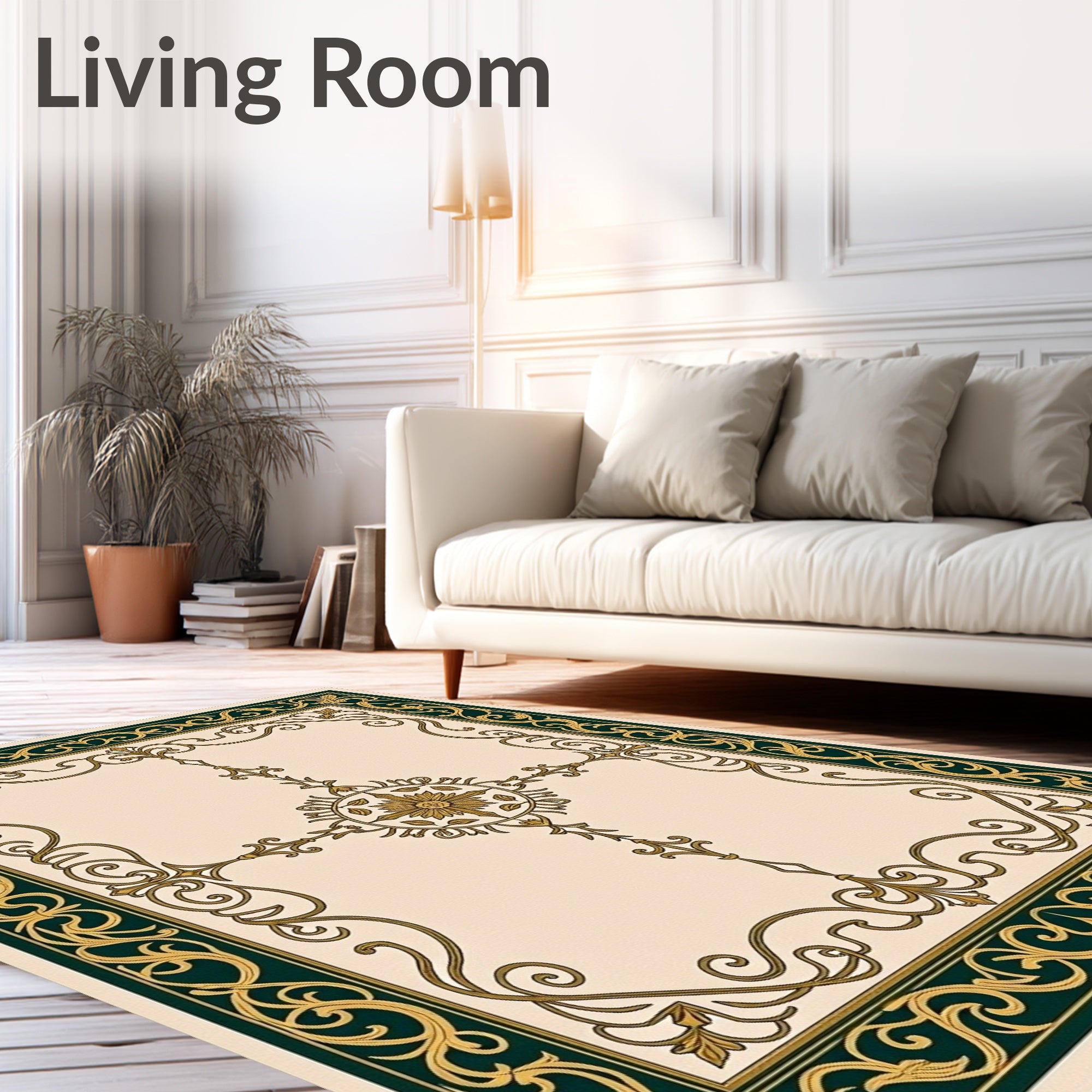 Ornate Gold Dark Green Scrollwork Rug