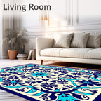 Intricate Floral Medallion Navy Aqua Design Rug