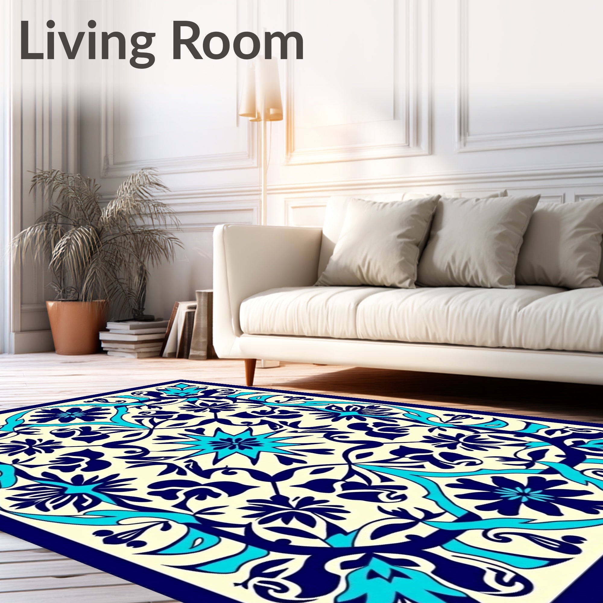 Intricate Floral Medallion Navy Aqua Design Rug
