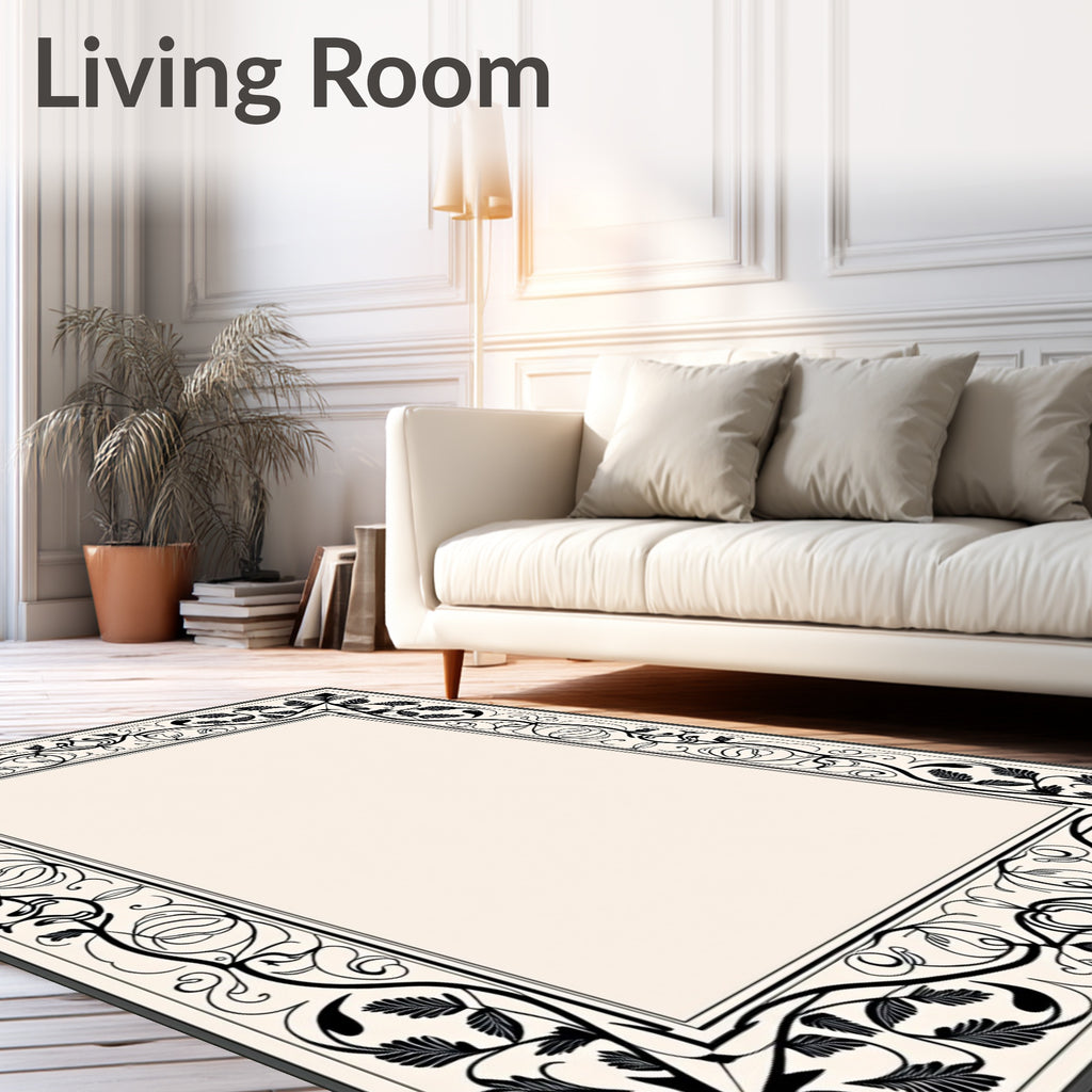 Black Vine And Leaf Intricate Border Rug