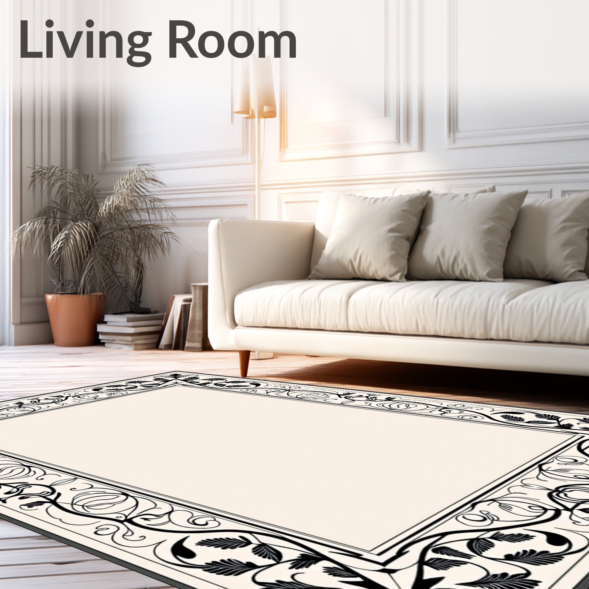 Black Vine And Leaf Intricate Border Rug