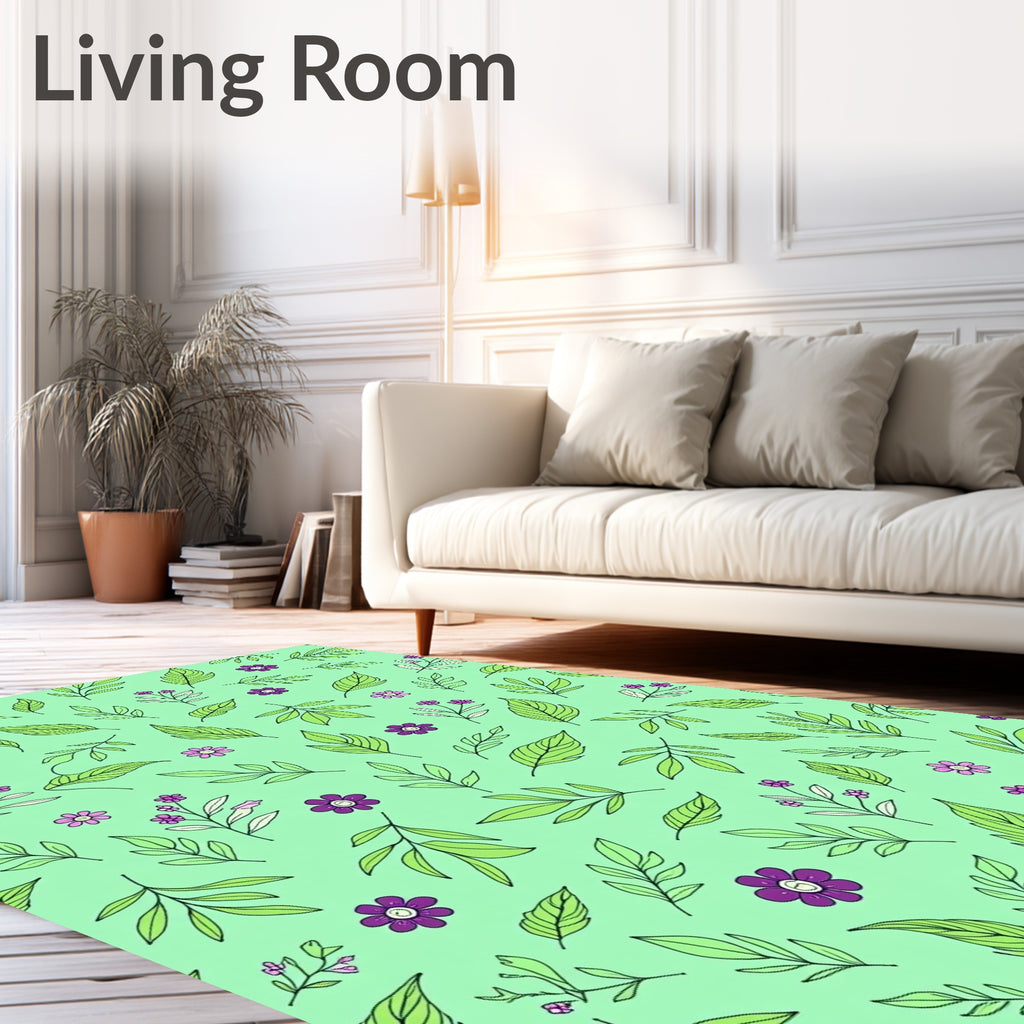 Green Purple Floral Leaf Pattern Rug