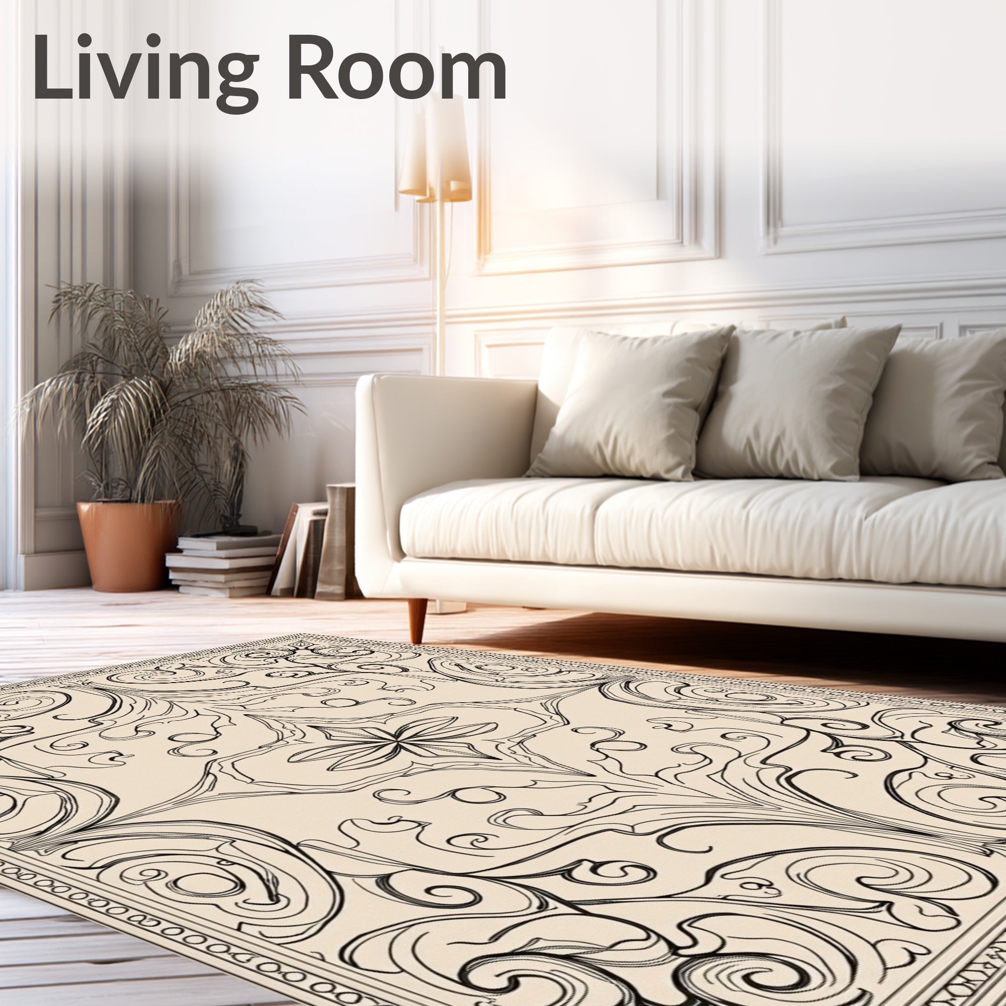 Elegant Black Line Art Floral Rug