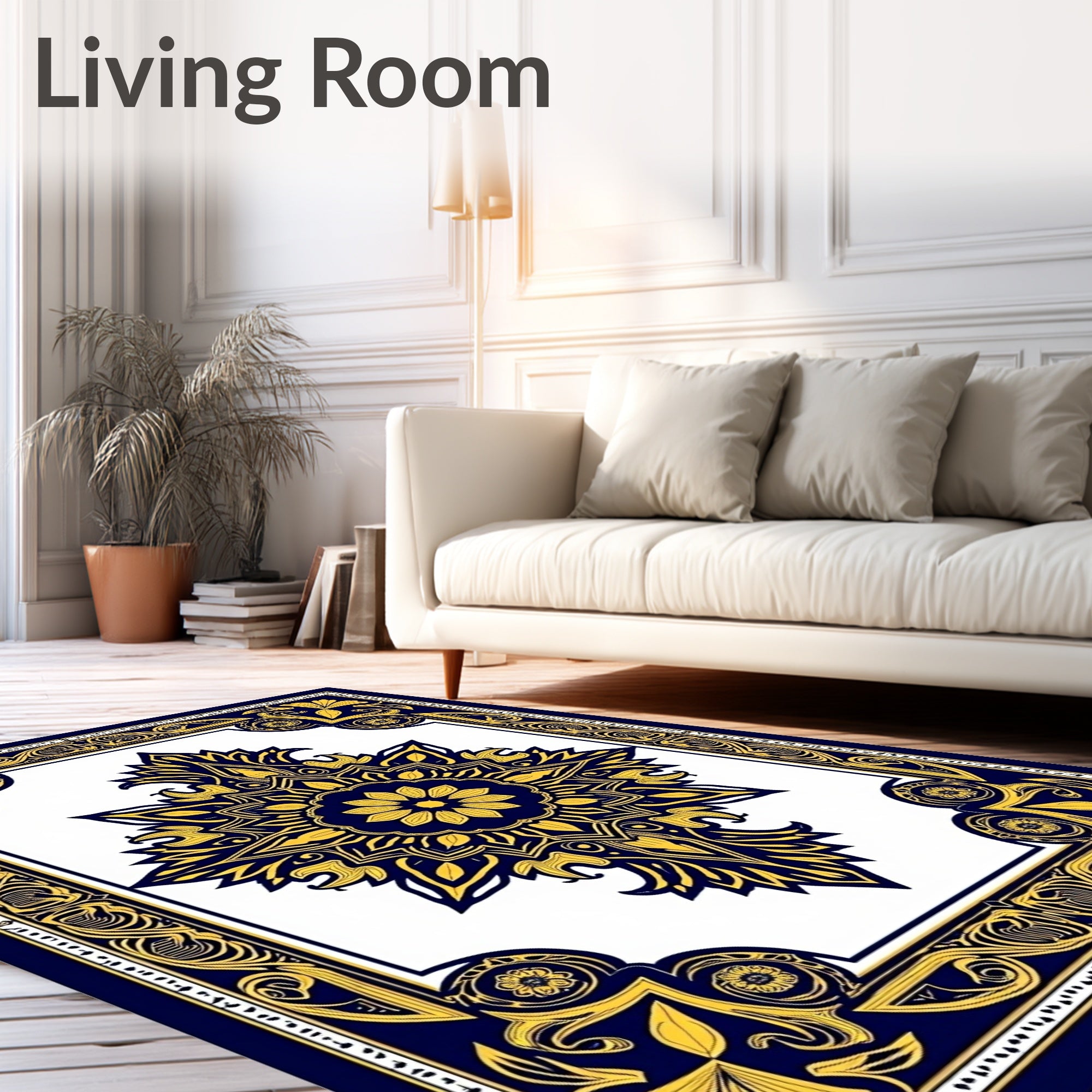 Rich Blue Gold Ornate Floral Rug