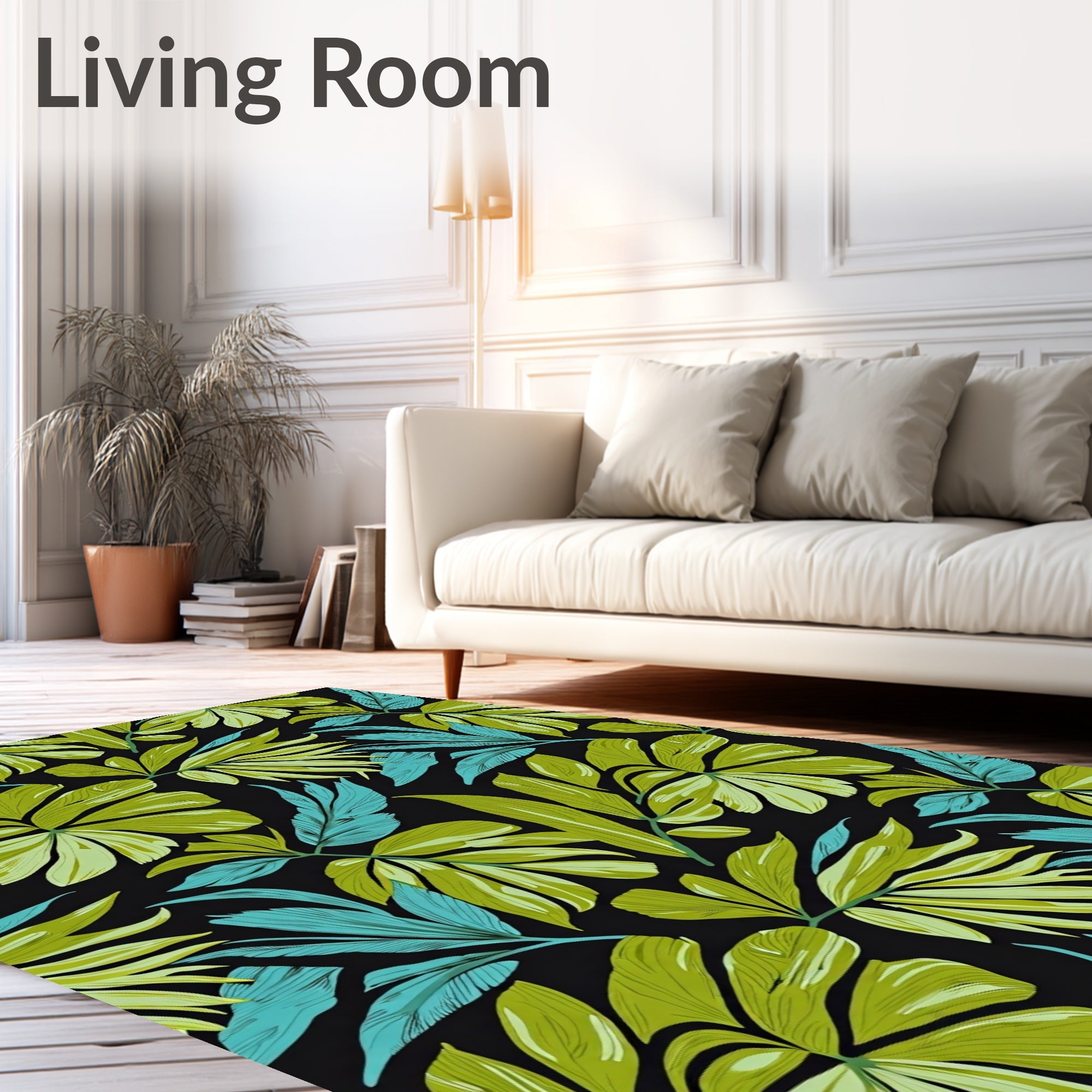 Lush Green Teal Leaf Pattern Rug