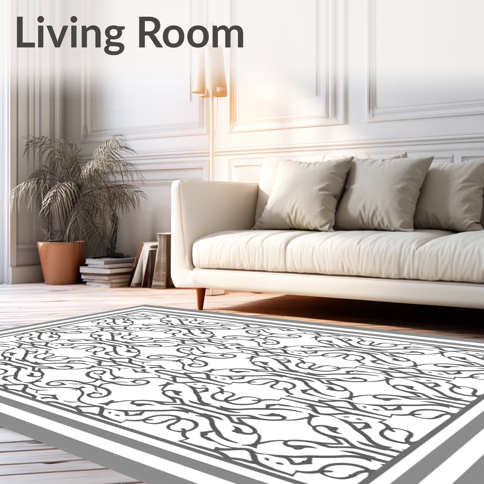 Ornate Scrollwork Black White Design Rug