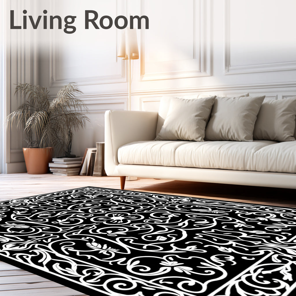Exotic Black White Floral Swirls Rug