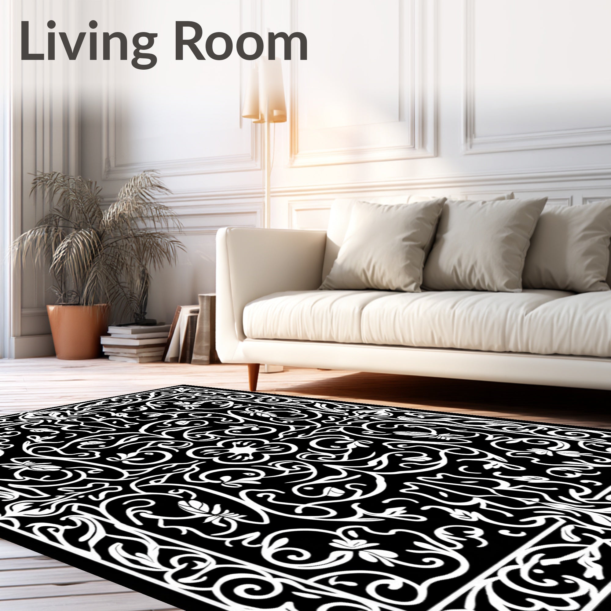 Exotic Black White Floral Swirls Rug