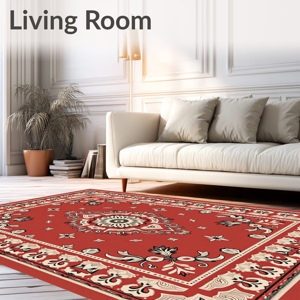 Red Scroll Patterned Decorative Rug