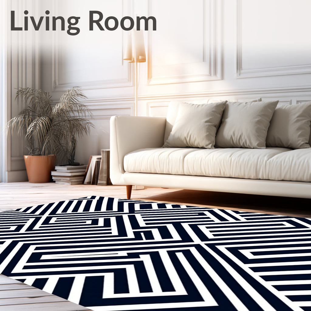 Bold Blue White Geometric Maze Rug