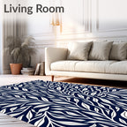 Dark Blue White Leafy Branch Pattern Rug