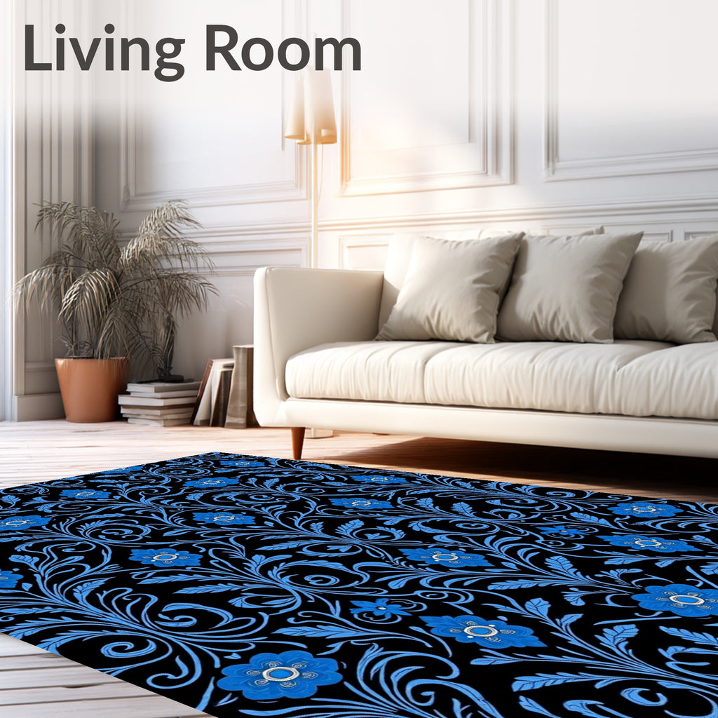 Blue Floral Scroll Patterned Rug