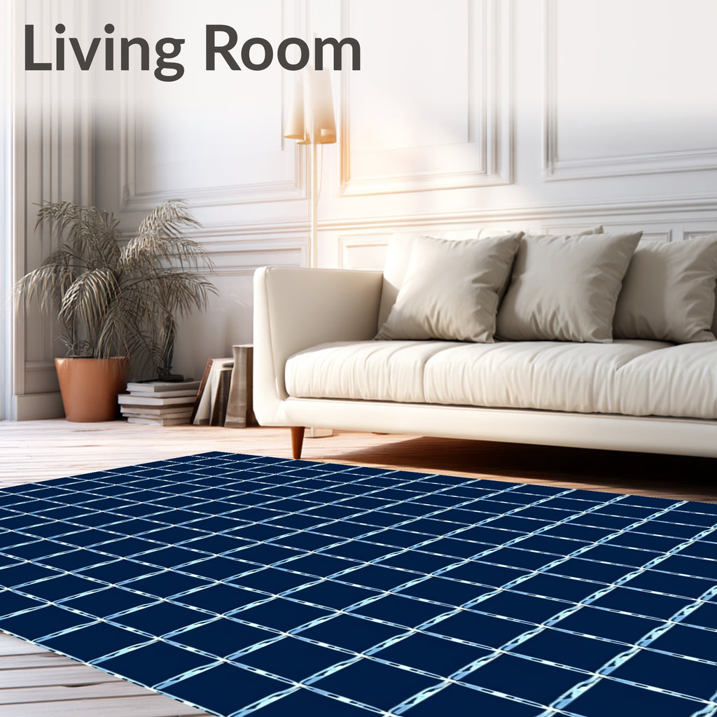 Deep Blue Grid Pattern Rug