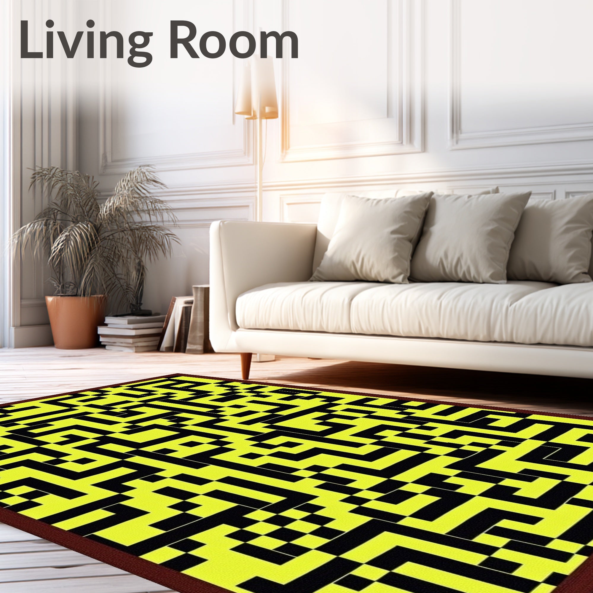 Yellow Black Abstract Maze Pattern Rug