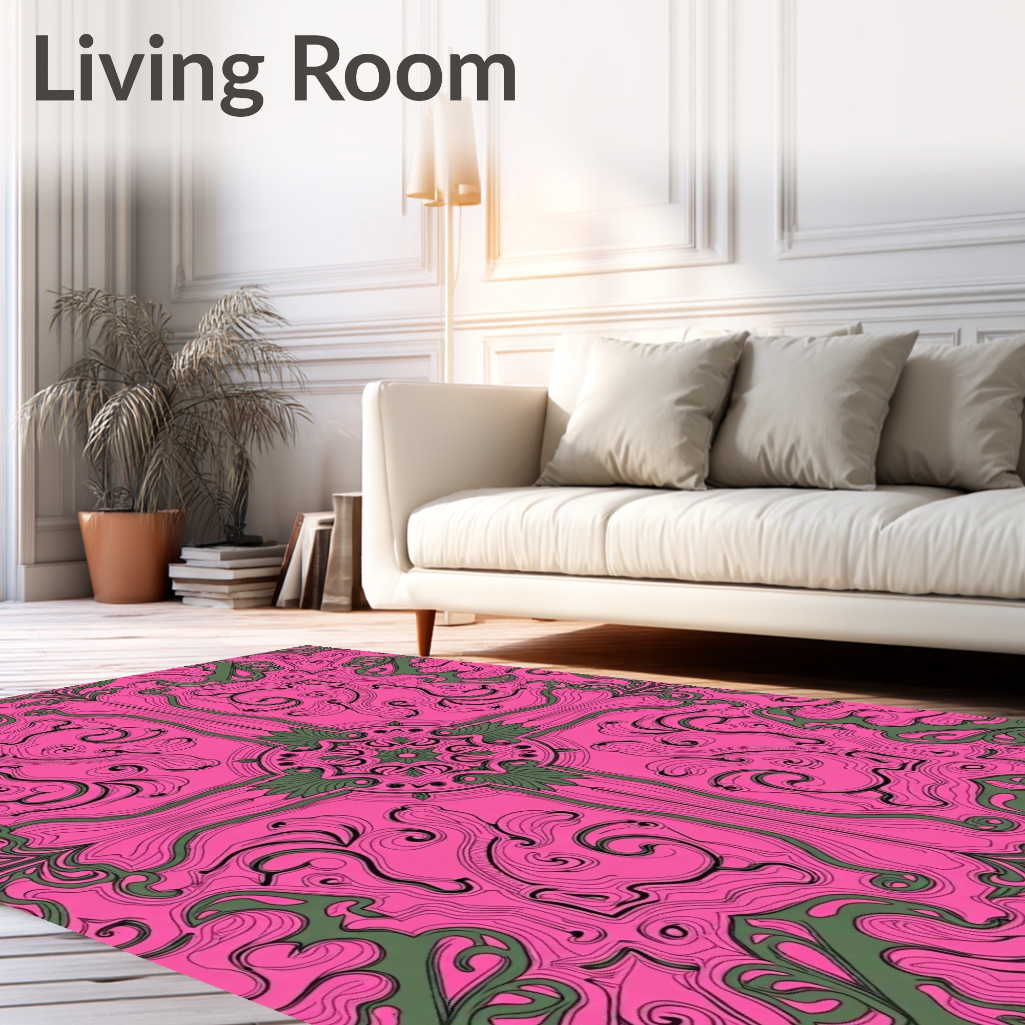 Ornate Pink Green Swirl Pattern Rug