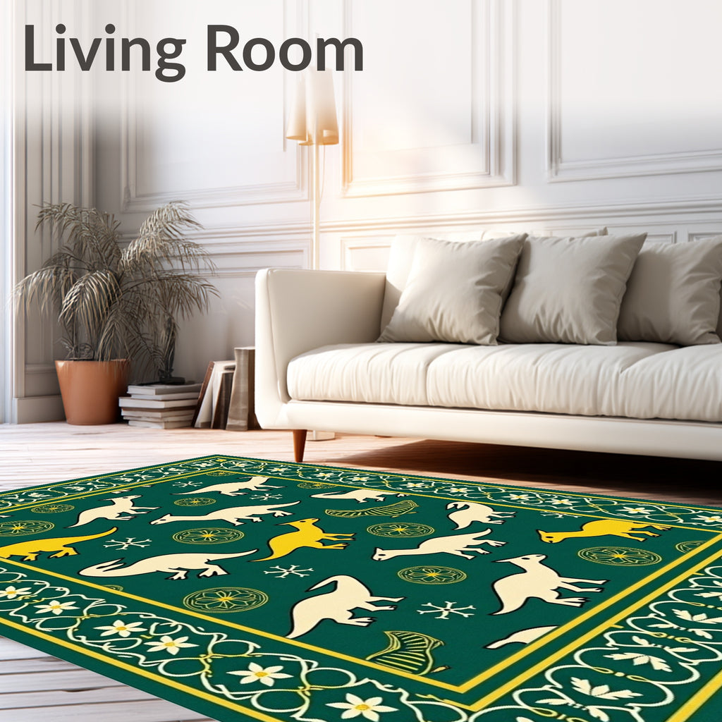 Whimsical Dinosaur Patterned Green Rug
