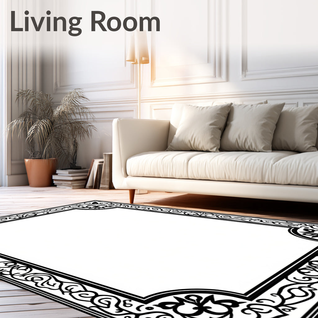Ornate Black Floral Border Design Rug