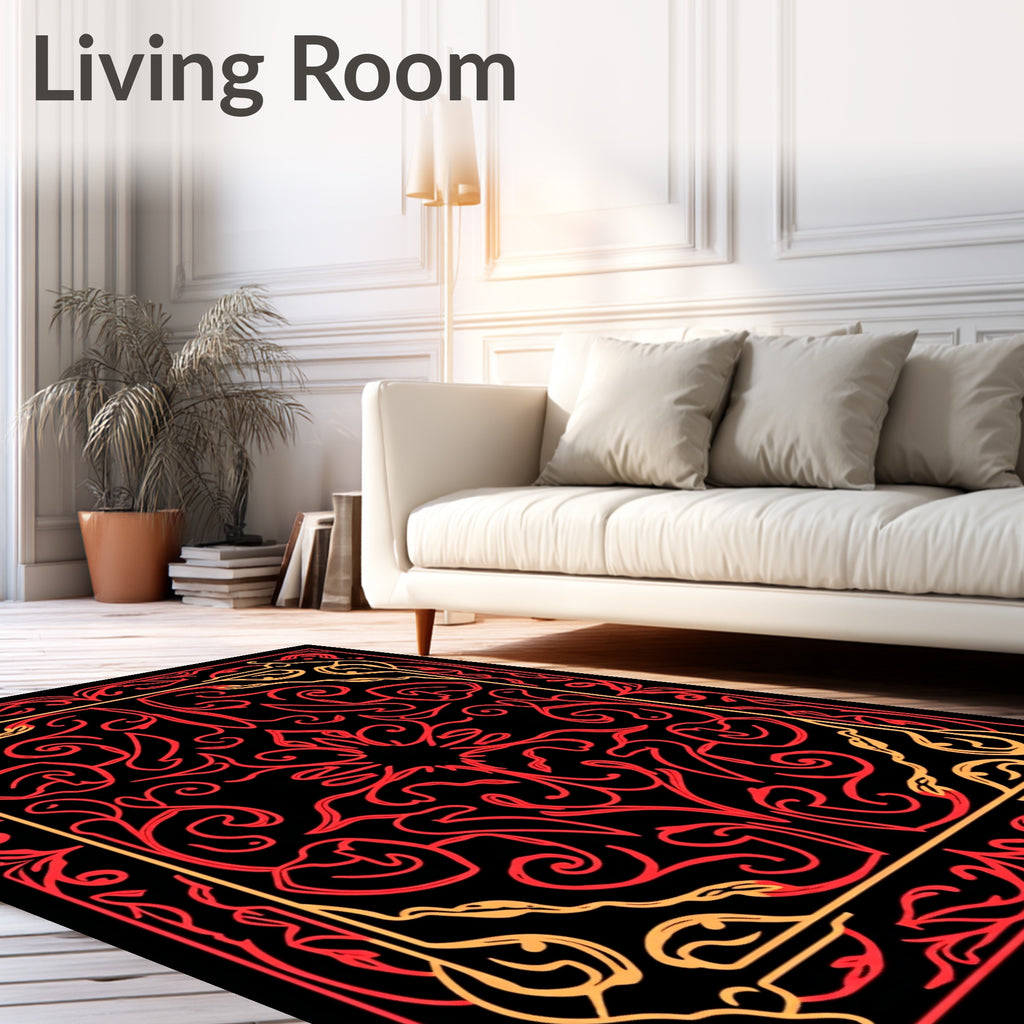 Crimson And Gold Swirl Pattern Rug