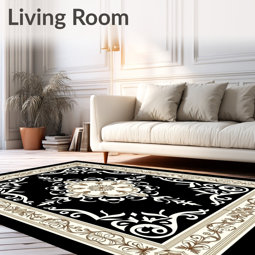 Black and Cream Floral Scroll Rug