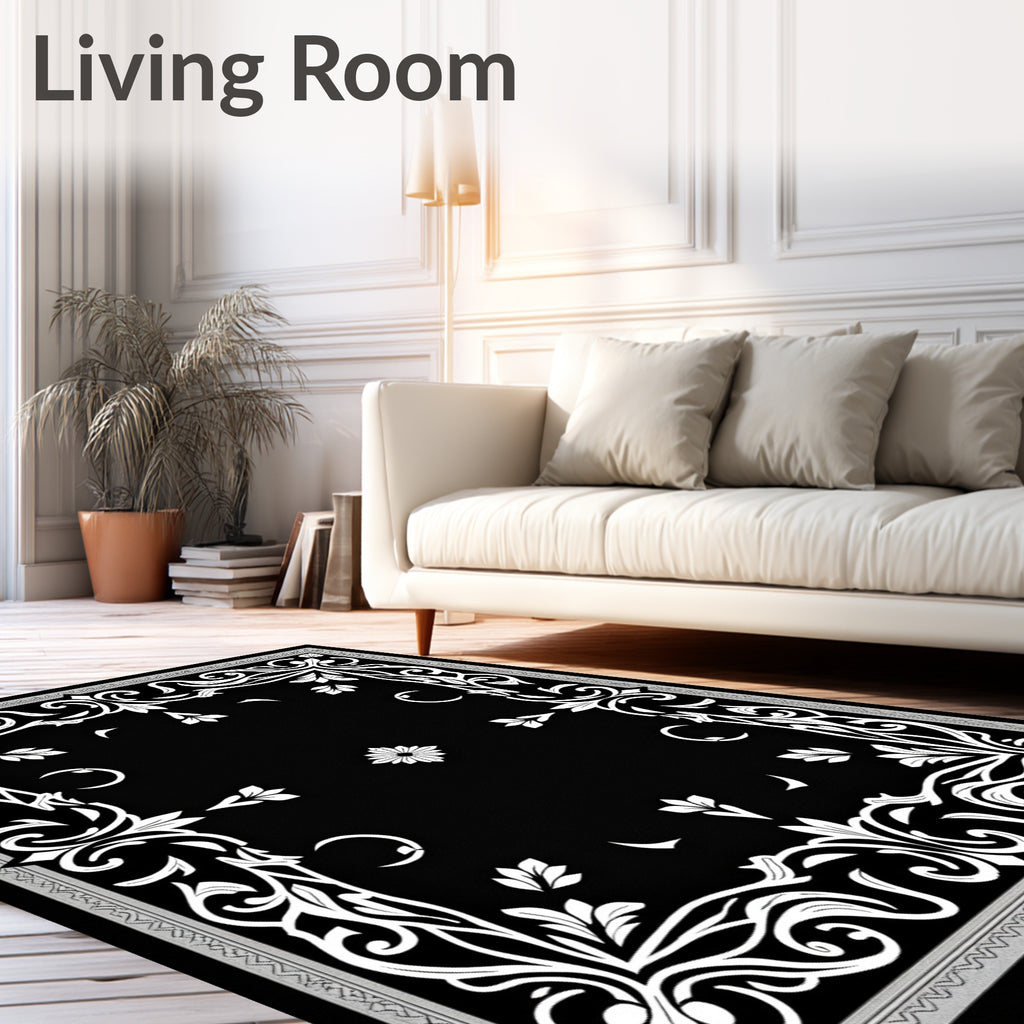Black White Floral Scroll Border Rug