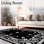 Black White Floral Scroll Border Rug
