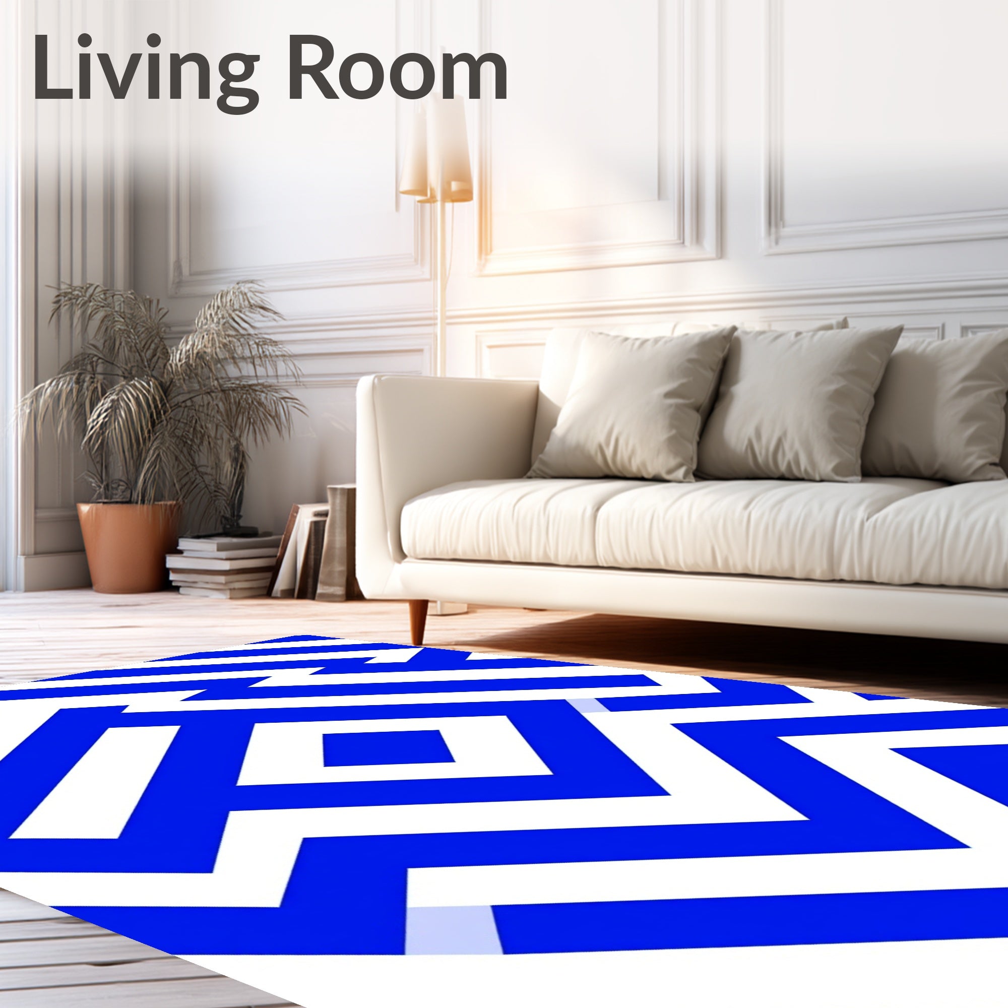 Bold Blue White Geometric Maze Pattern Rug